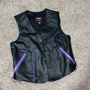HILLSIDE Black & Purple Leather Biker Vest
